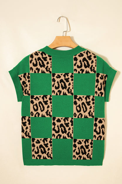Black Leopard Checkerboard Short Sleeve Knit Sweater
