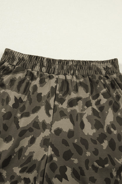 Brown Leopard Print Crew Neck Short Set