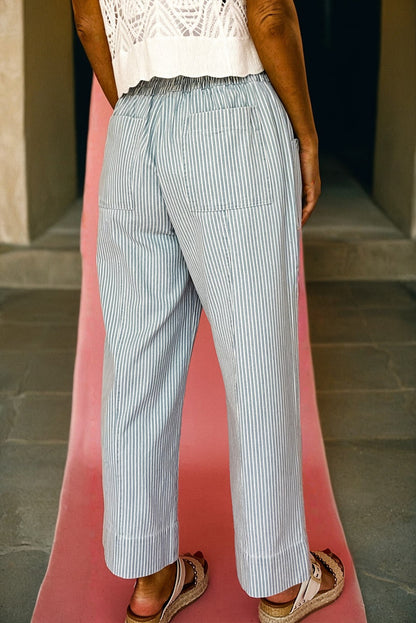 Sky Blue Stripe Mid Rise Drawstring Waist Jeans