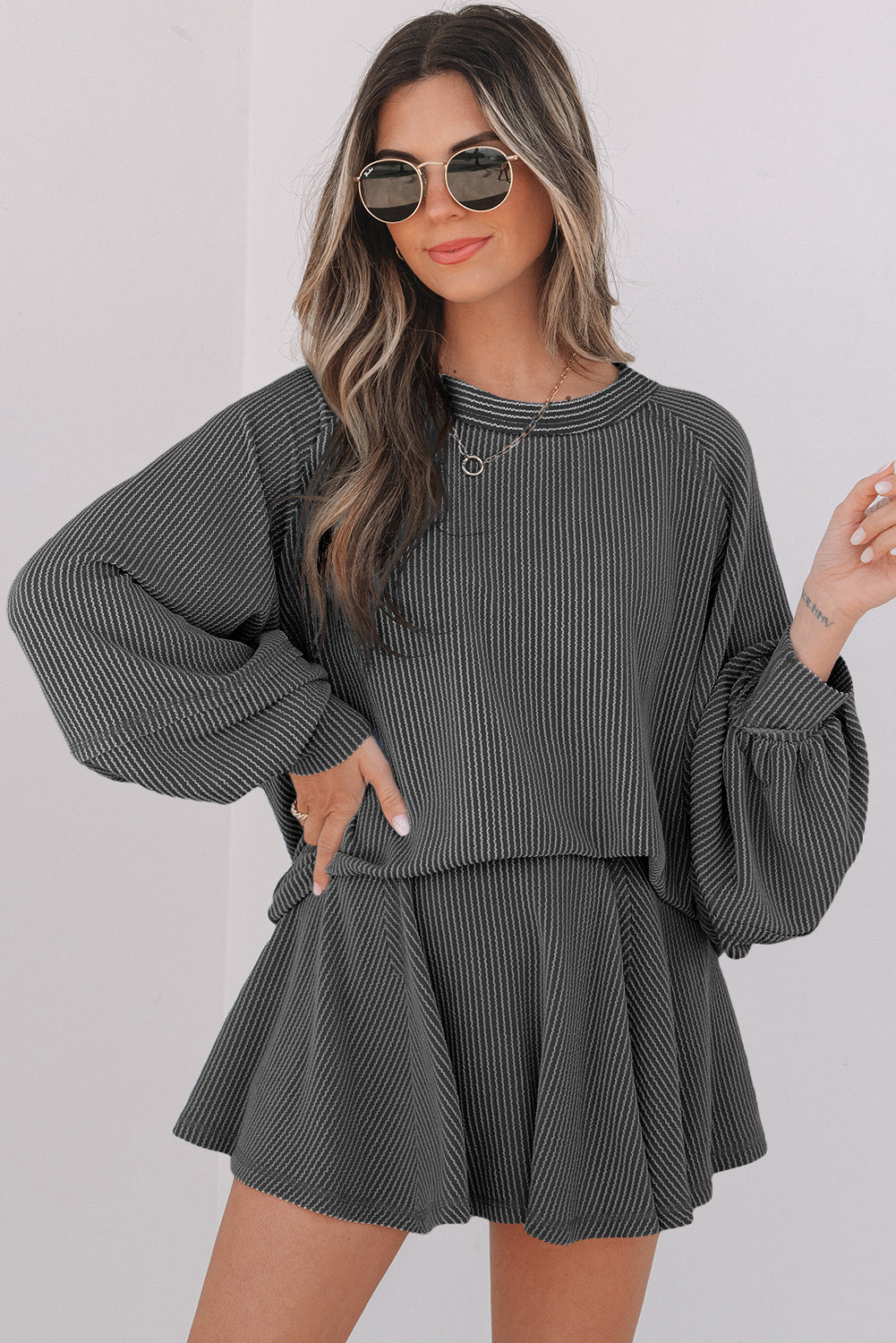 Sky Blue Corded Lantern Sleeve Top High Waist Ruffled Mini Skort Set