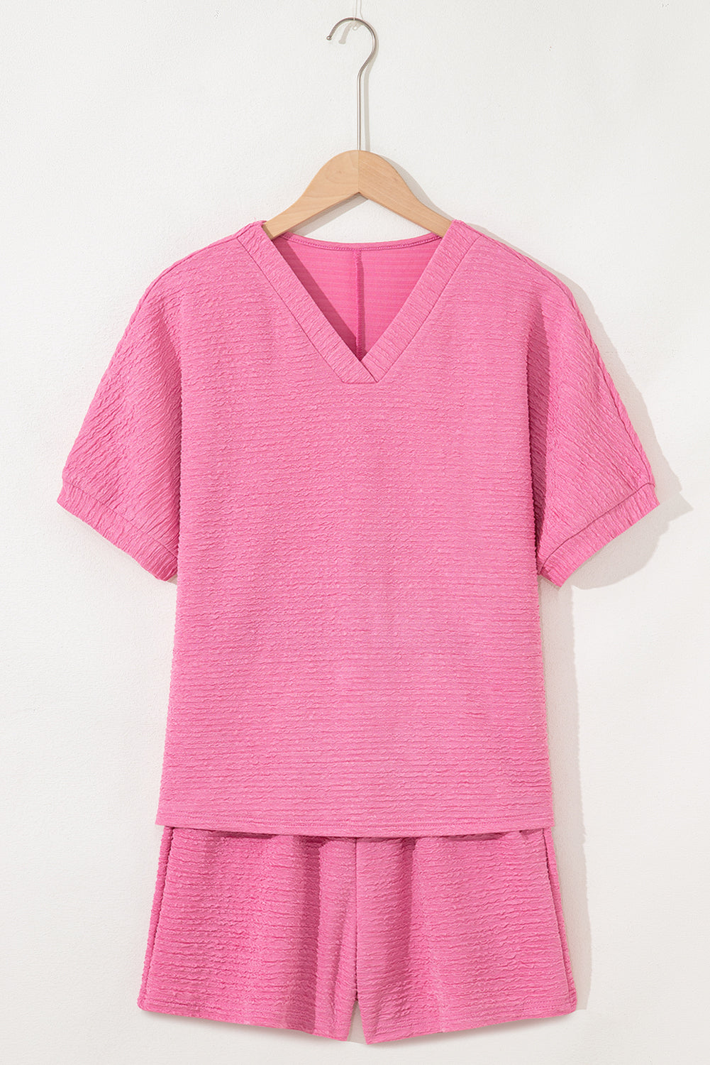 Orange Textured V Neck T Shirt and Shorts Set