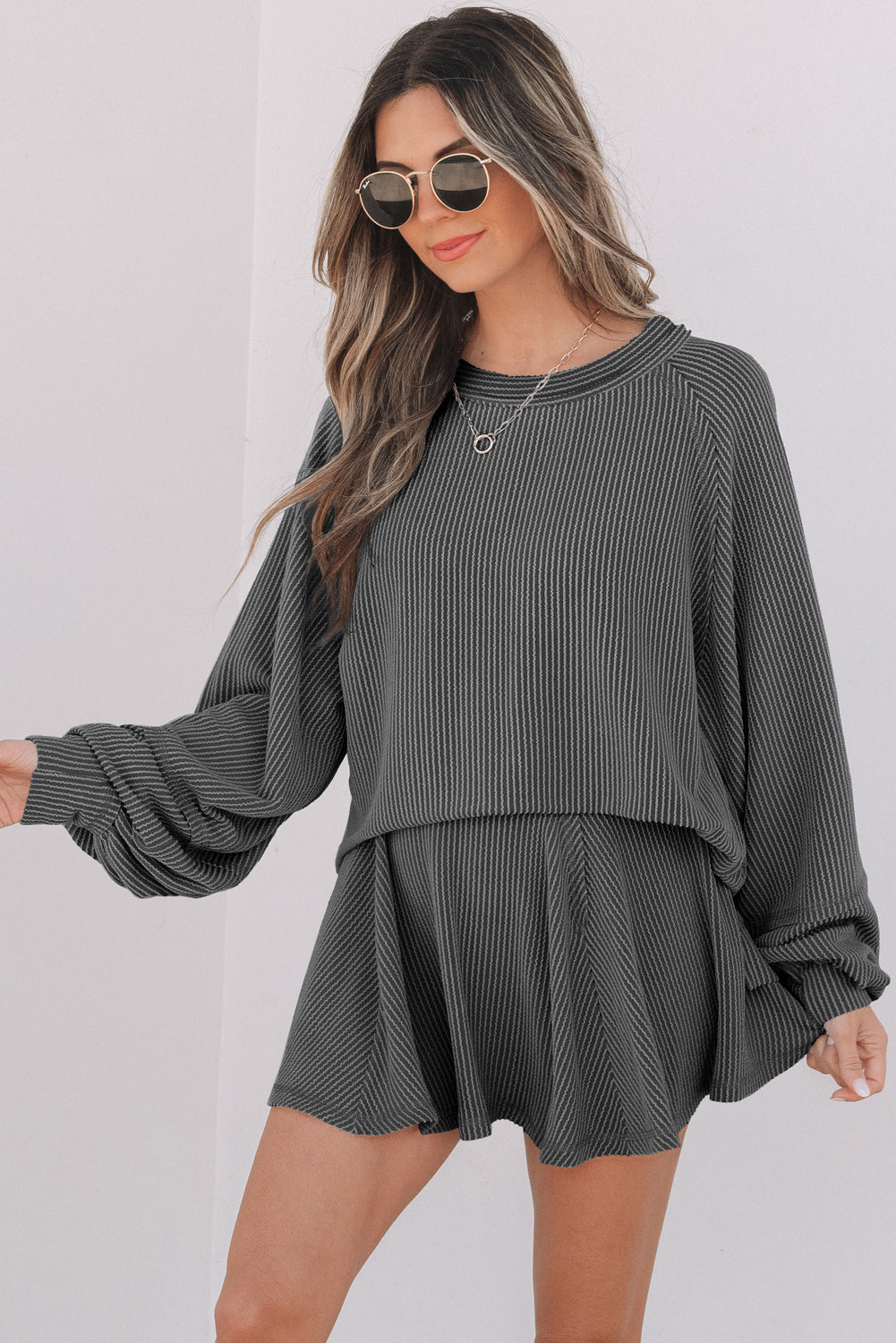 Sky Blue Corded Lantern Sleeve Top High Waist Ruffled Mini Skort Set